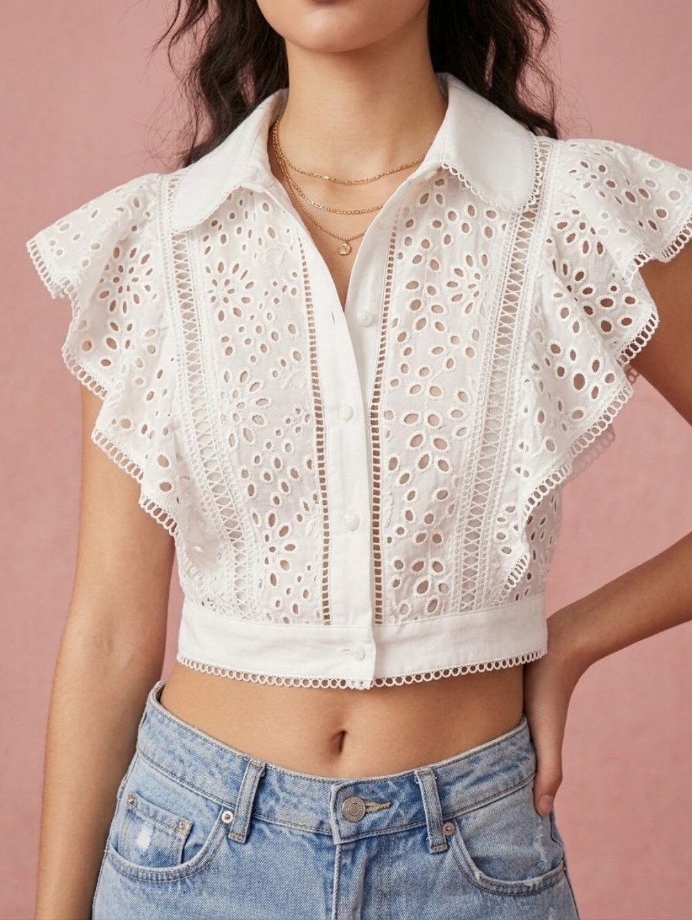 Alice + Olivia Cavan Eyelet Embroidered Flutter Sleeve Blouse White Size 0 NWT